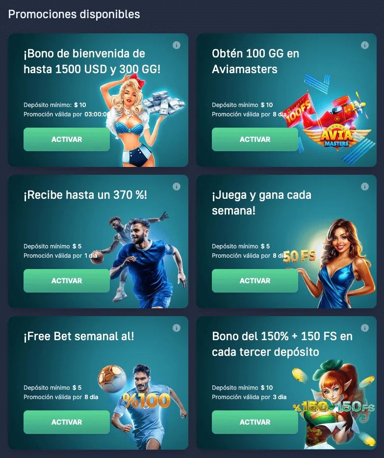 Sección de promociones del casino 7Slots en Chile, con ofertas destacadas como bono de bienvenida de hasta $1500 USD + 300 giros gratis, recargas semanales y promociones para apuestas deportivas