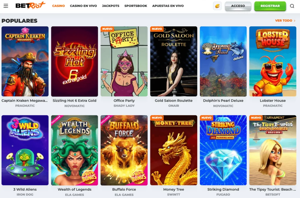 Vista de los juegos más populares en el casino Betriot Chile, incluyendo tragamonedas como "Captain Kraken", "Sizzling Hot 6 Extra Gold" y juegos nuevos como "Office Party" y "Money Tree"