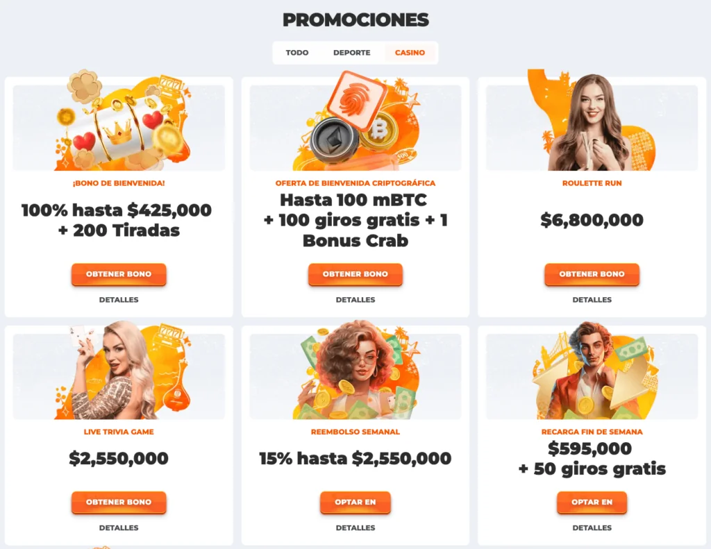 Sección de promociones del casino Betriot en Chile, con bonos destacados como 100% hasta $425.000 + 200 tiradas, promociones criptográficas, reembolsos y torneos de ruleta.