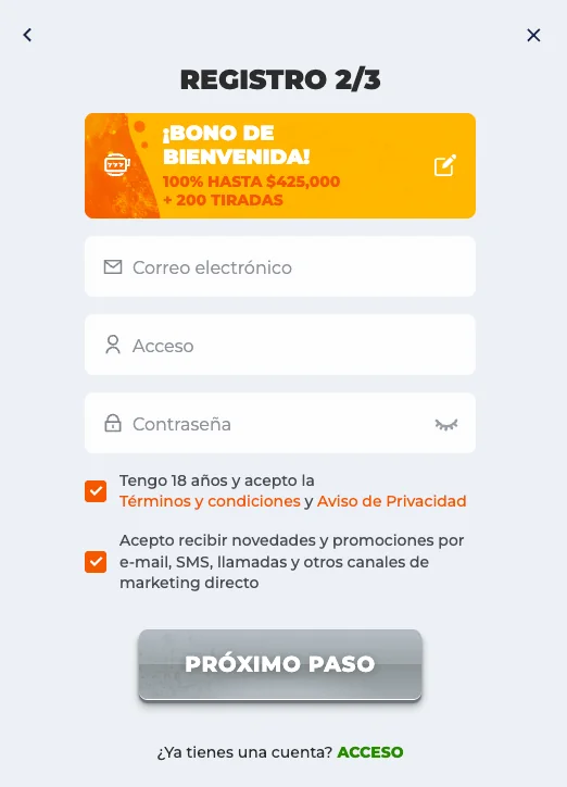 Formulario de registro en Betriot Chile, mostrando el segundo paso de inscripción donde se ofrecen bonos de bienvenida de hasta $425.000 y 200 giros, junto con la aceptación de términos y promociones.