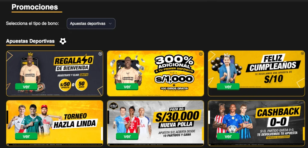 Sección de promociones deportivas en DoradoBet Chile, ofreciendo bonos como 300% en el primer depósito, apuestas gratis por cumpleaños y torneos con premios de hasta S/30,000.