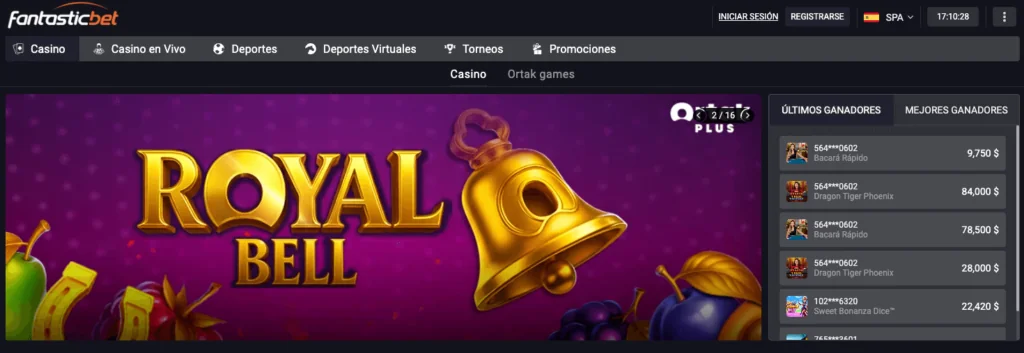 Pantalla principal del casino Fantasticbet en Chile, destacando el juego “Royal Bell” y mostrando la lista de los últimos y mejores ganadores con montos en dólares.