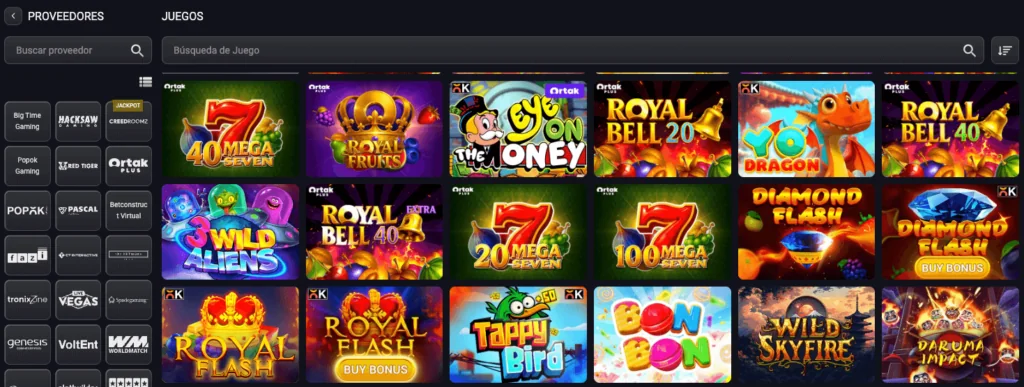 Galería de tragamonedas en Fantasticbet Chile con juegos variados como “40 Mega Seven”, “3 Wild Aliens”, “Royal Fruits”, “Diamond Flash” y “Tappy Bird”, junto a un menú de proveedores.