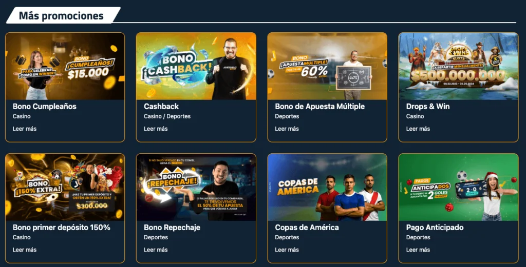 Vista de promociones activas en Juegalo Chile, que incluyen bono de cumpleaños, cashback, primer depósito del 150%, Drops & Wins y eventos deportivos como la Copa América.