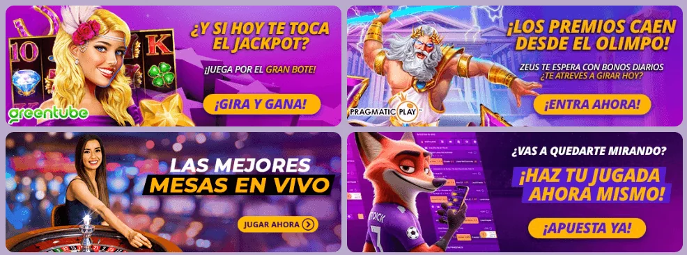 Promociones destacadas de Latamwin Chile que invitan a jugar por jackpots, bonos diarios con Zeus, mesas en vivo de casino y apuestas deportivas con una interfaz llamativa y colorida.