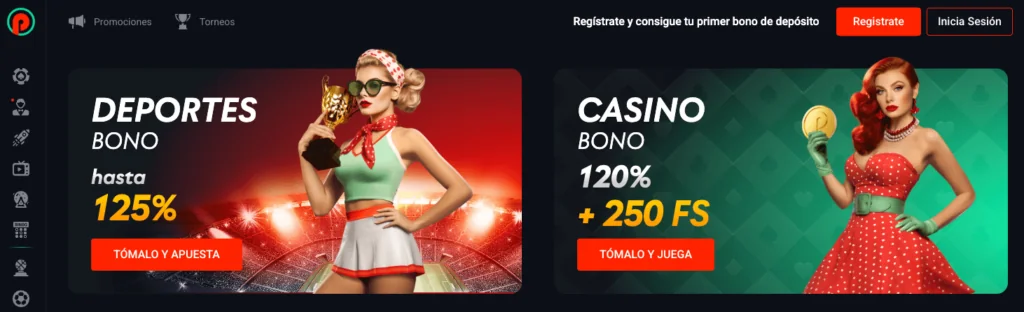 Promoción principal de Pin-Up Casino en Chile con bonos para apuestas deportivas de hasta un 125% y para casino de hasta 120% + 250 giros gratis, en un estilo visual retro y llamativo.