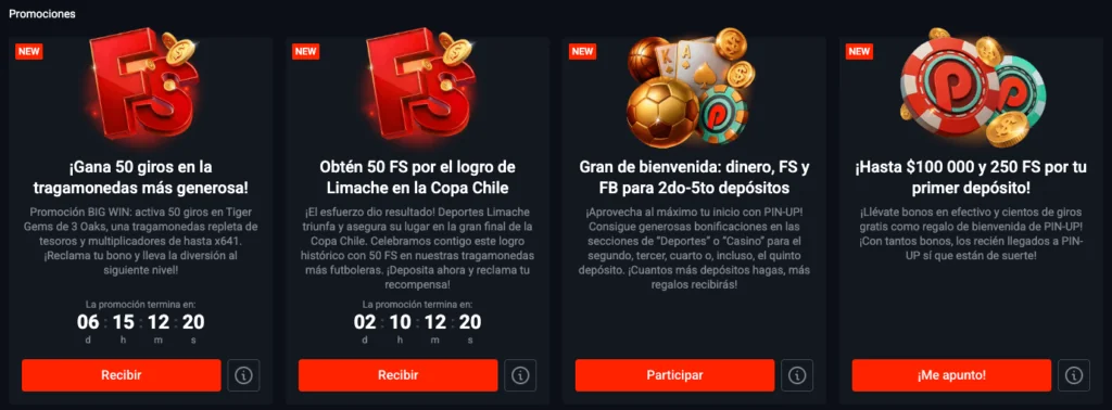 Promociones activas en Pin-Up Chile que incluyen giros gratis por eventos deportivos, bonos por depósitos múltiples y una bienvenida de hasta $100.000 CLP + 250 giros para nuevos jugadores.