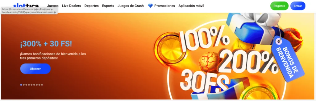 Promoción de bienvenida en Slottica Chile que ofrece hasta un 300% de bono y 30 giros gratis en los tres primeros depósitos, destacando su atractivo paquete de registro.