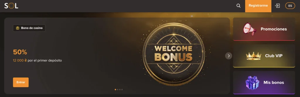 Página de inicio de Casino Sol en Chile destacando un bono de bienvenida del 50% hasta 12.000 CLP, junto a accesos directos a promociones, el Club VIP y la sección de bonos.