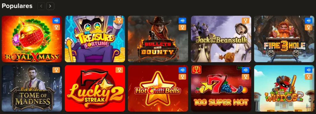 Galería de juegos populares en Casino Sol Chile que incluye tragamonedas como “Royal Xmass”, “Fire in the Hole”, “Hot Chilli Bells” y “Mr. Treasure Fortune”.