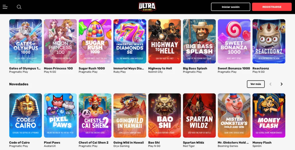 Catálogo de juegos en Ultra Casino Chile con tragamonedas populares como Gates of Olympus 1000, Moon Princess 100, Sweet Bonanza y nuevas incorporaciones como Code of Cairo y Pixel Paws.