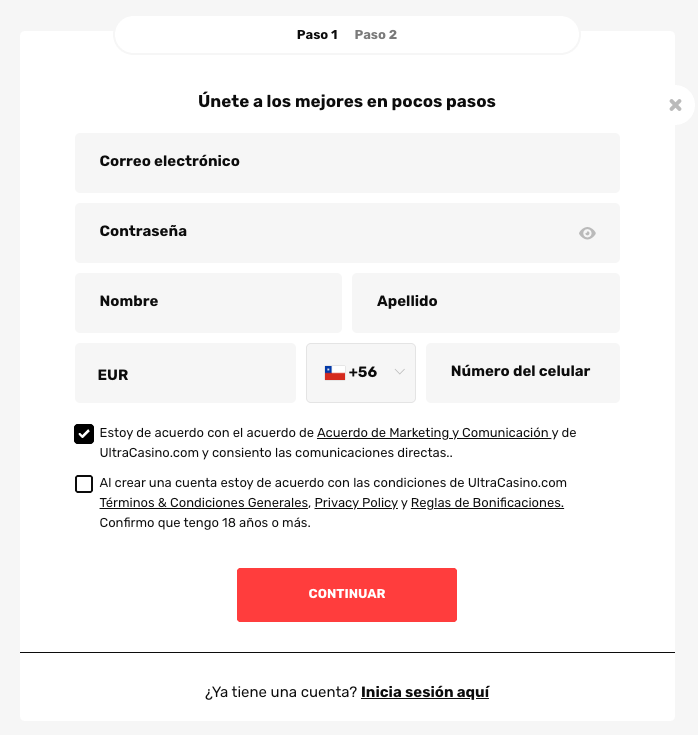Formulario de registro en Ultra Casino Chile donde los usuarios ingresan su correo, contraseña, nombre, apellido y número de celular para crear una cuenta y comenzar a jugar.