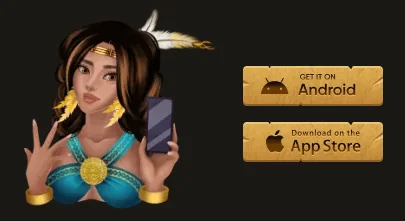 Ilustración de una mujer con vestimenta tribal sosteniendo un celular, acompañada de botones para descargar la app de Awintura en Android y App Store, destacando su disponibilidad móvil en Chile.