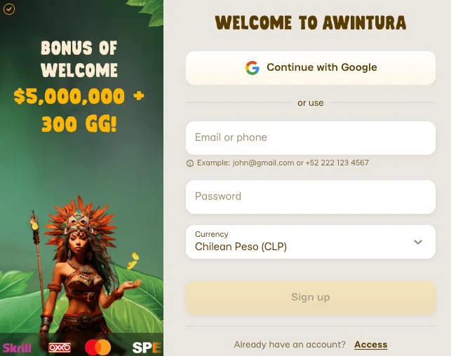 Formulario de registro en Awintura Chile con un bono destacado de hasta $5.000.000 CLP + 300 giros gratis, y opciones para registrarse con Google, email o teléfono, usando pesos chilenos como moneda.