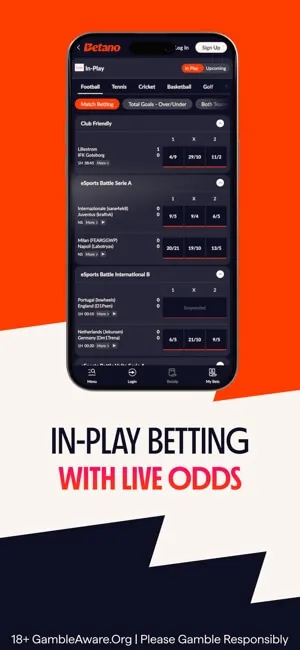 Promoción de Betano Chile destacando las apuestas en vivo con cuotas actualizadas en tiempo real, mostradas en la interfaz móvil para deportes como fútbol, tenis y e-sports.