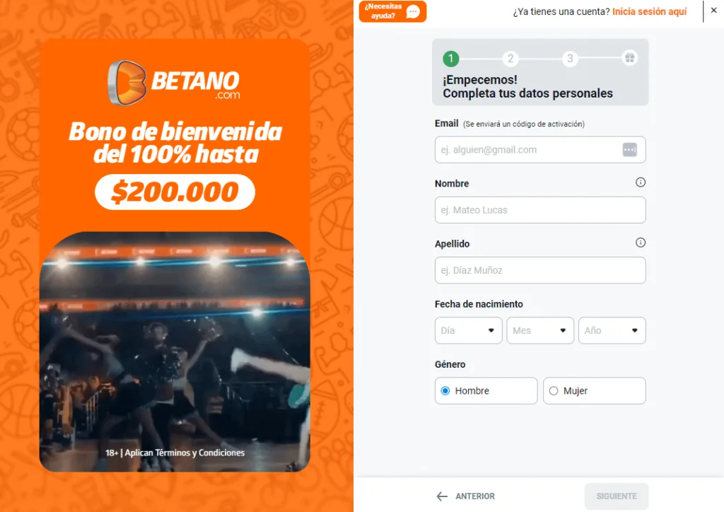Pantalla de registro en Betano Chile con una promoción de bono de bienvenida del 100% hasta $200.000 CLP, mostrando el formulario para ingresar datos personales y comenzar a jugar.